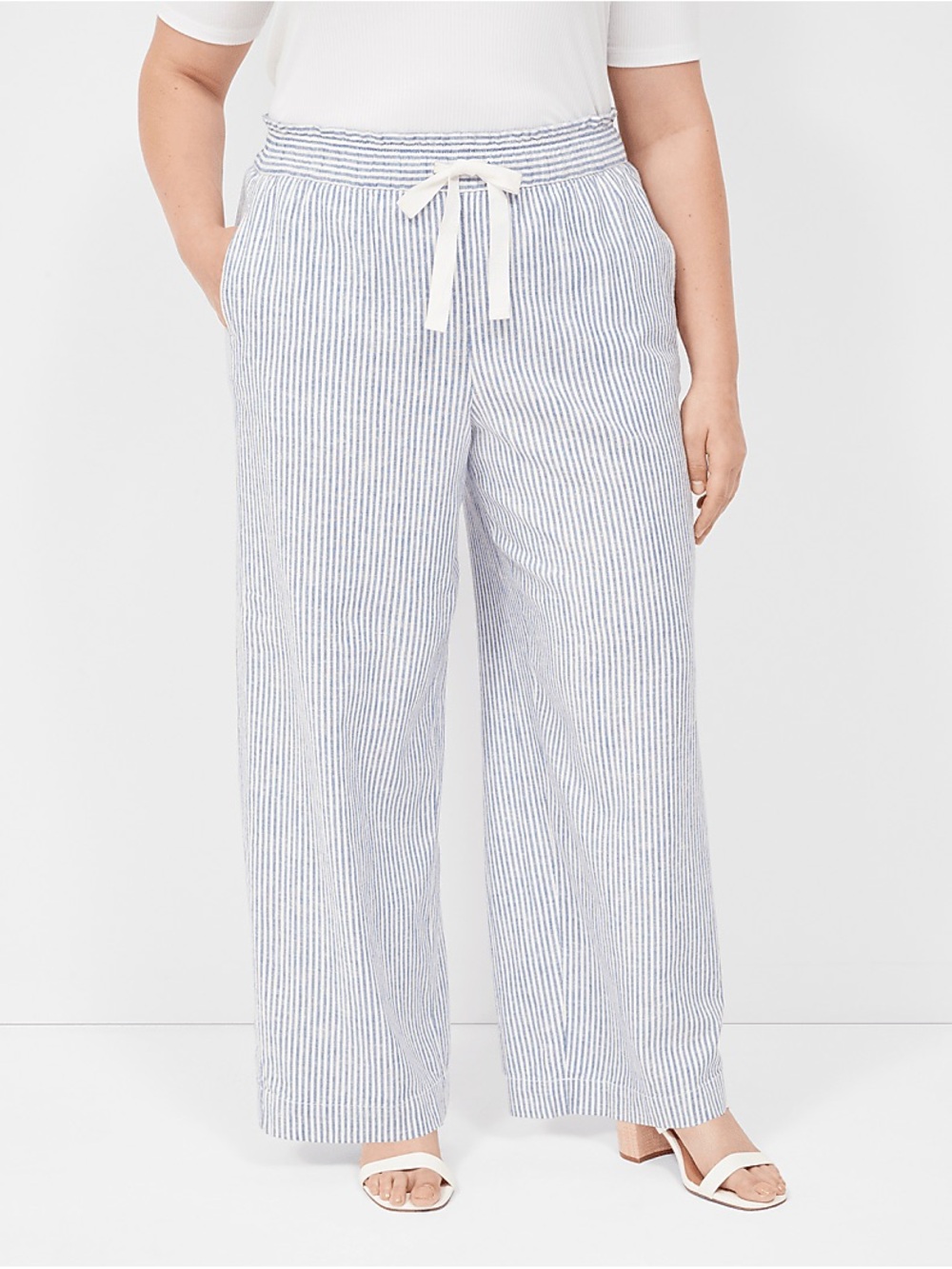 Lane Bryant Blue & White Striped Wide-Leg Drawstring Pants Size 18